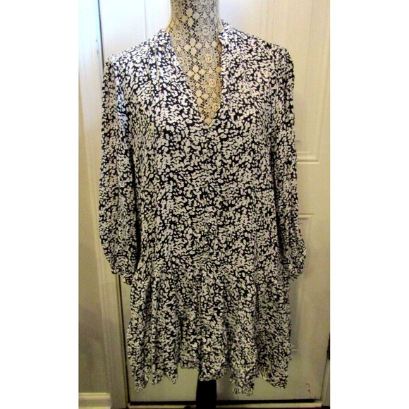 Zara Mini Dress Black White Print Ruffled Balloon Sleeves Womens Size XL - Picture 2 of 8